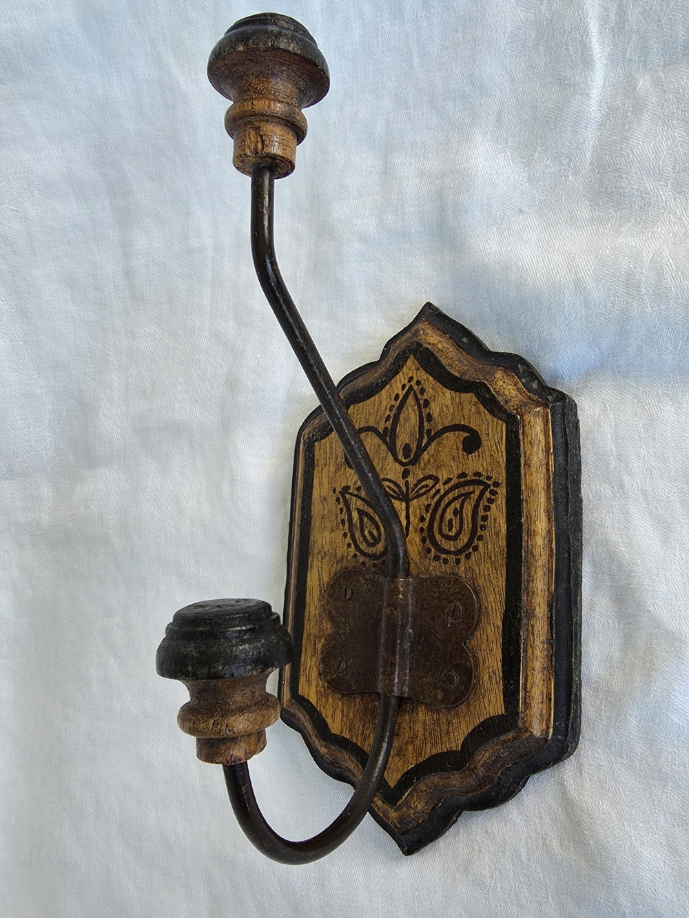 Vintage Hand Painted Folk Art Coat Hook Cottagecore Wood Wrought Iron Wall Hange